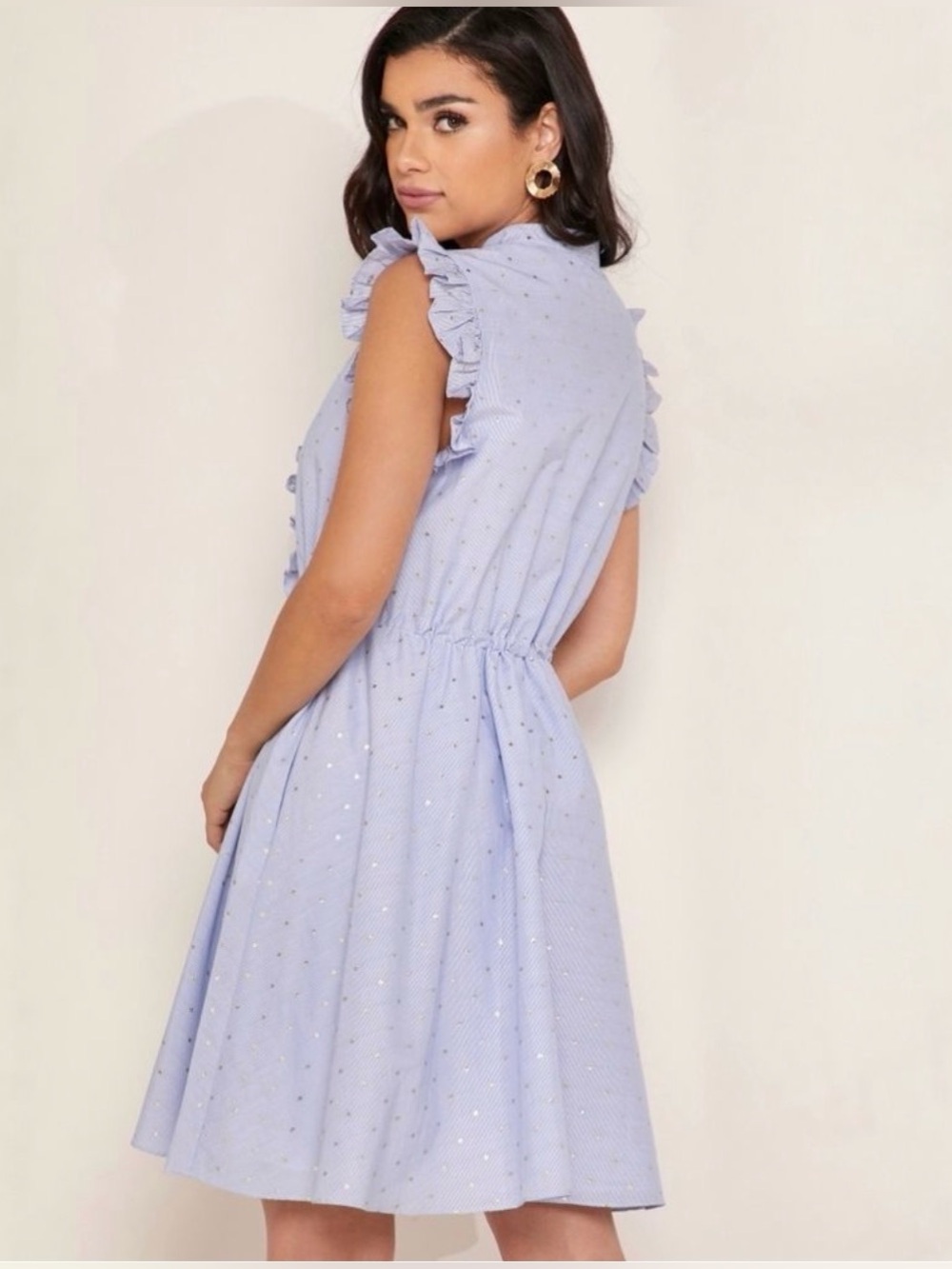 Ted Baker Beyonic Blue Gold Ruffle A-Line Dress, Size 8 - Picture 3 of 15